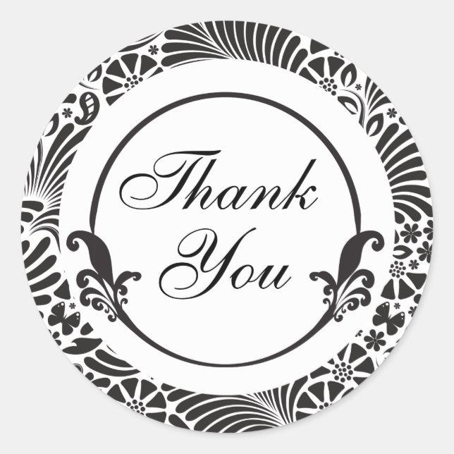 Black and White Floral Thank You Classic Round Sticker (Front)