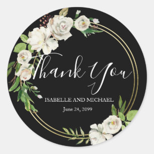 Black and White Floral Thank You Wedding Classic Round Sticker