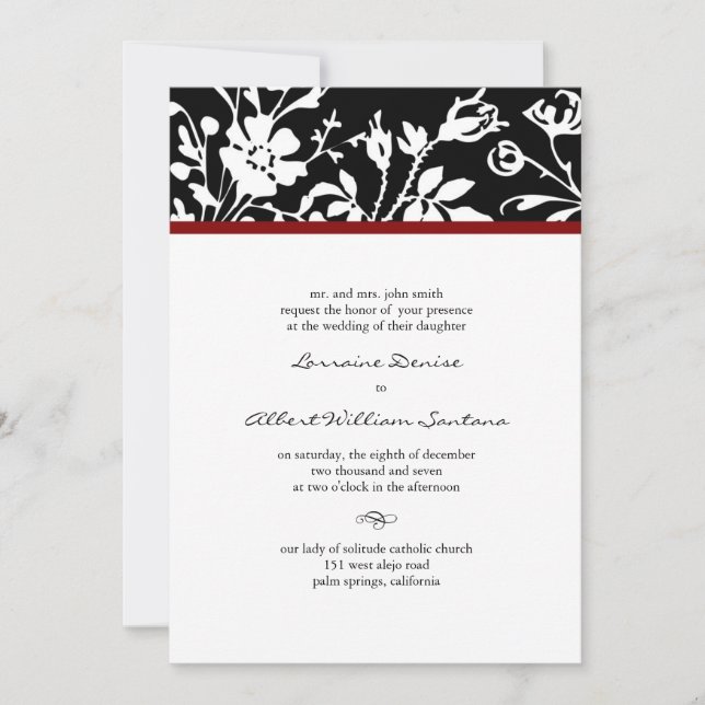 Black and White Floral Top Wedding Invitation (Front)
