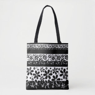 Black and white floral tote bag
