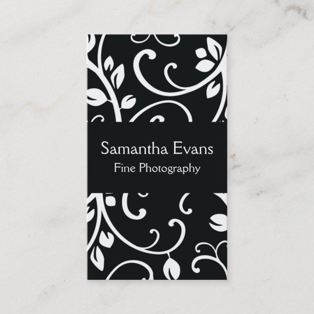 Black and White Floral Vine Business Card (Front)