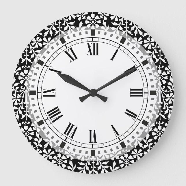 Black and White Floral Vintage Large Clock (Front)