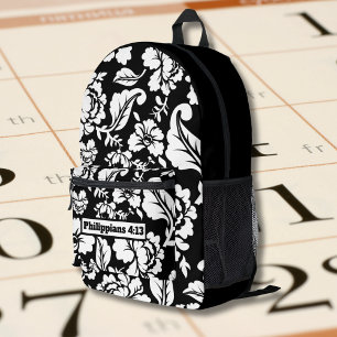 Black and White Floral Vintage Pattern with Verse Printed Backpack