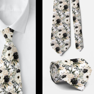 Black and White Floral Watercolor Tie