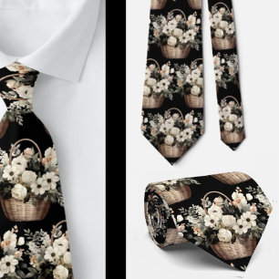 Black and White Floral Watercolor Tie