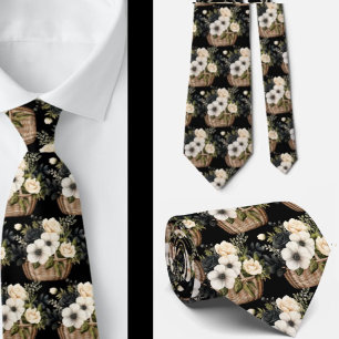Black and White Floral Watercolor Tie