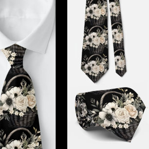 Black and White Floral Watercolor Tie