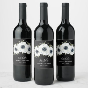 Black and White Floral Watercolor Wine Label