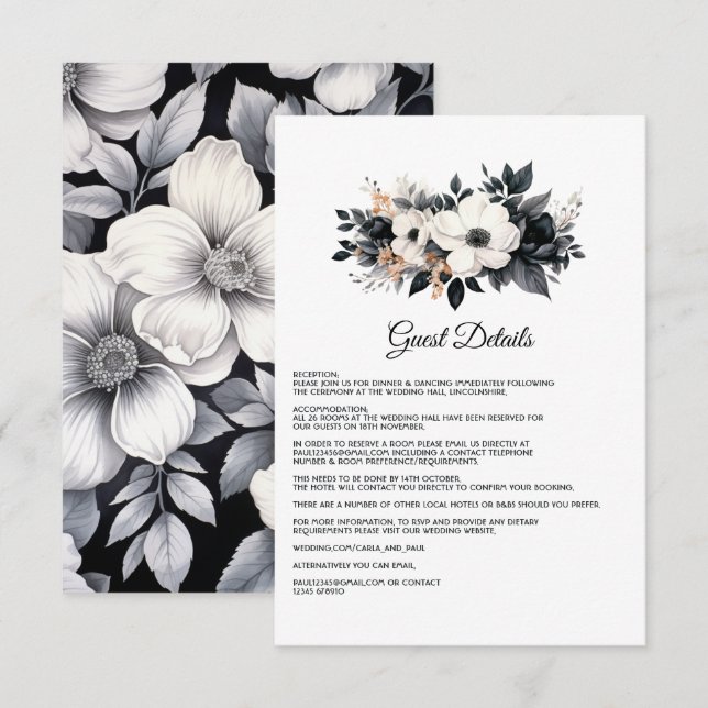 Black and White Floral Wedding Guest Details Enclosure Card (Front/Back)