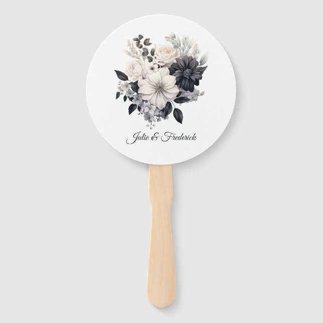 Black and White Floral Wedding Hand Fan (Front)
