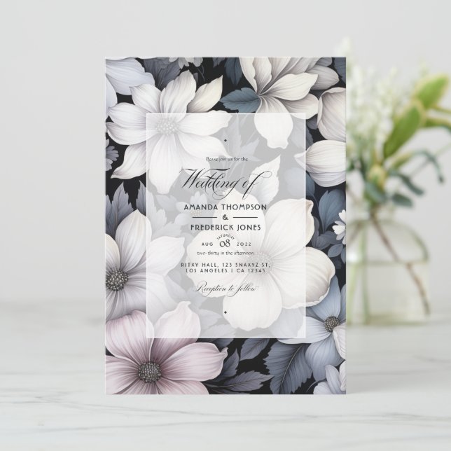 Black and White Floral Wedding Invitation (Standing Front)