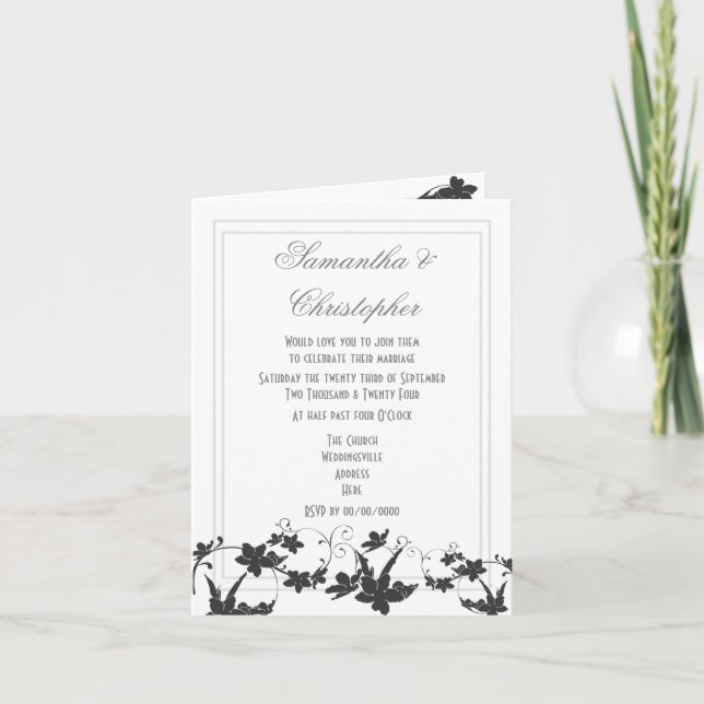 Black and white floral wedding invitation (Front)