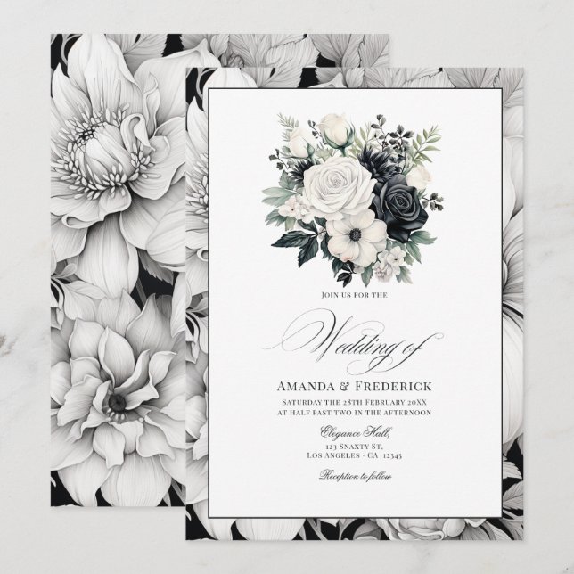 Black and White Floral Wedding Invitation (Front/Back)