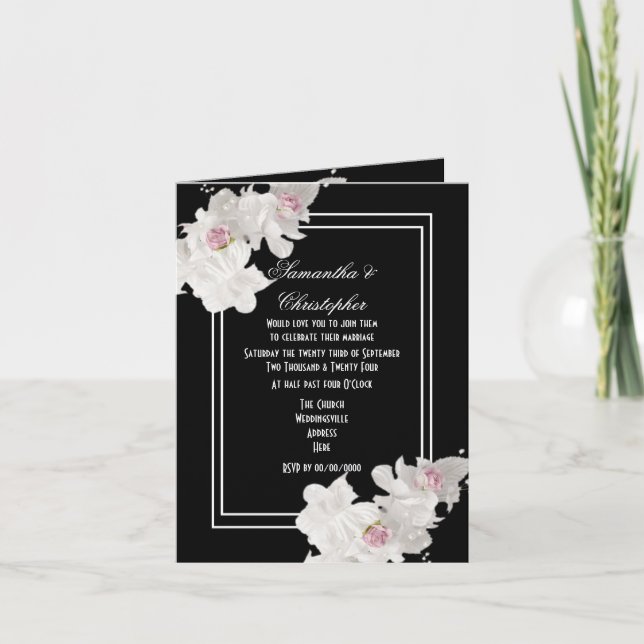 Black and white floral wedding invitation (Front)