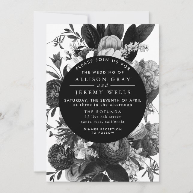 Black and White Floral Wedding Invitation (Front)