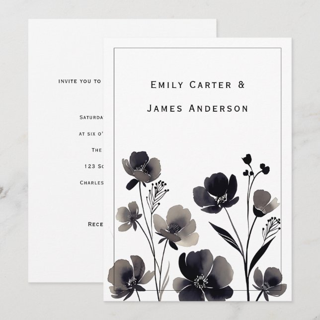 Black and White Floral Wedding Invitation (Front/Back)