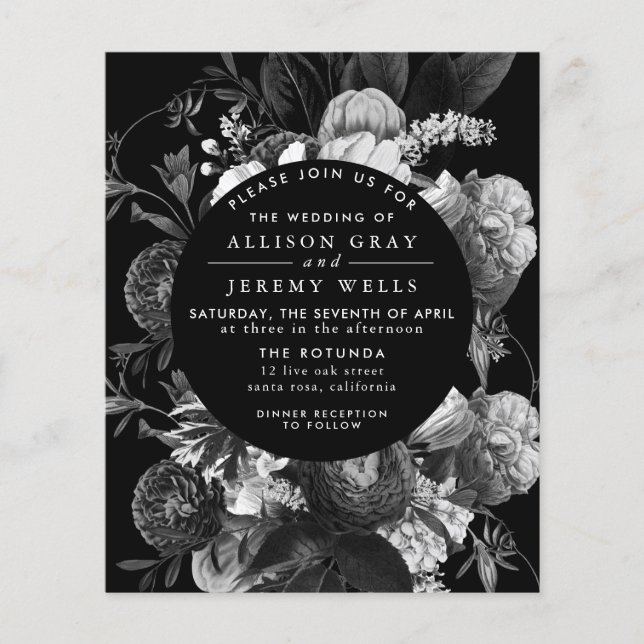 Black and White Floral Wedding Invitation Flyer (Front)