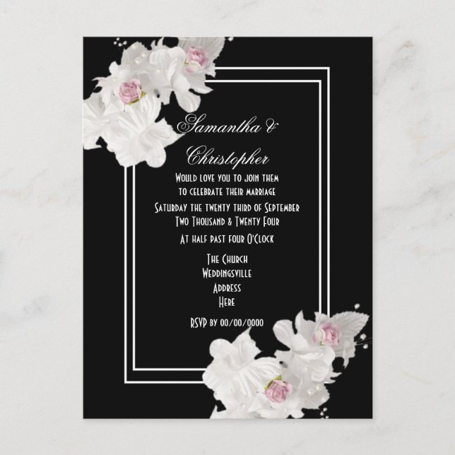 Black and white floral wedding invitation postcard (Front)