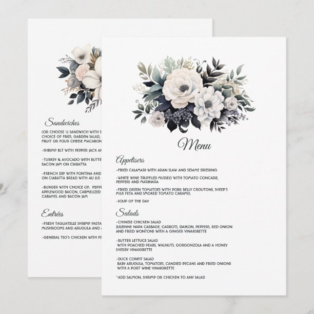 Black and White Floral Wedding Menu (Front/Back)