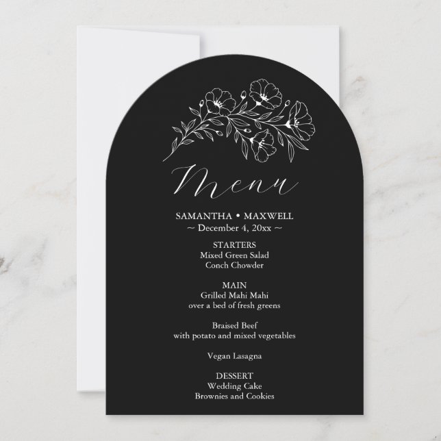 Black and White Floral Wedding Menu Invitation (Front)