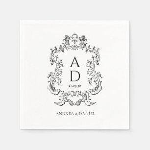 Black and White Floral Wedding Monogram  Napkin