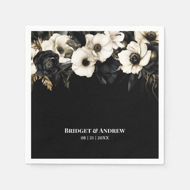 Black and White Floral Wedding Napkin (Front)