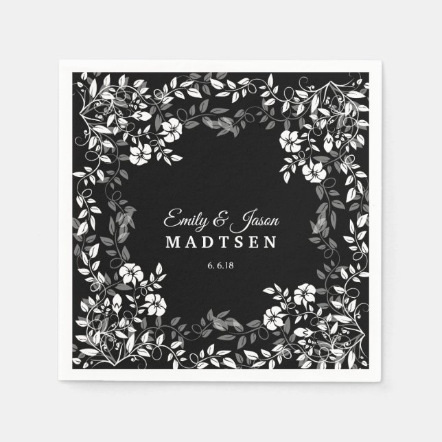 Black and White Floral Wedding Paper Napkins (Front)