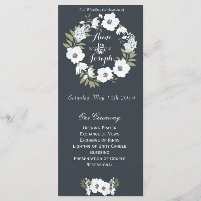 Black and White floral wedding program Programme (Front)