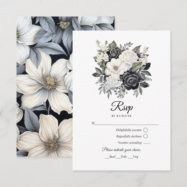Black and White Floral Wedding RSVP Card (Front/Back)