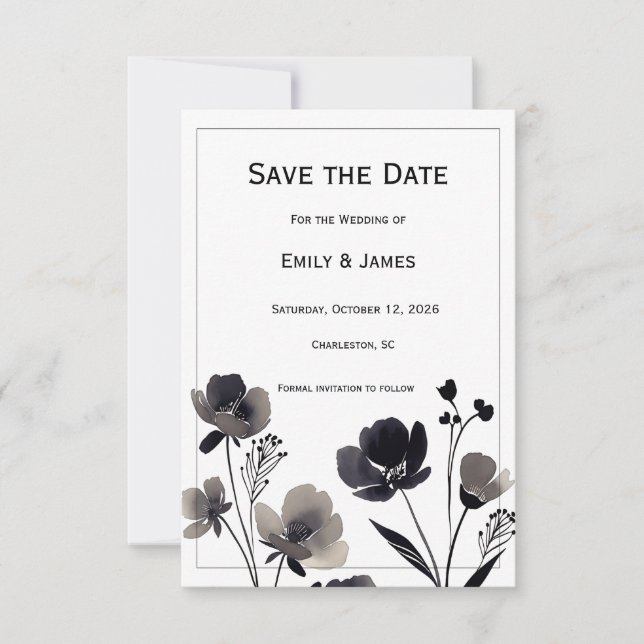 Black and White Floral Wedding Save The Date (Front)