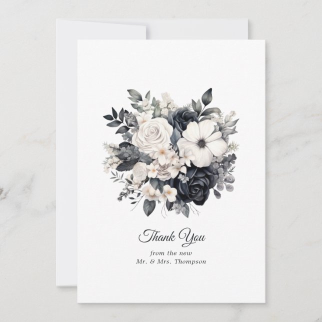 Black and White Floral Wedding Thank You Card (Front)