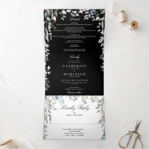 Black And White Floral Wildflowers Photo Wedding Tri-Fold Invitation
