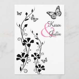Black and White Floral with Butterflies on Linen Invitation