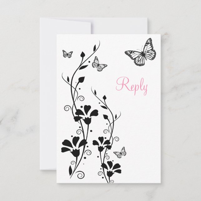 Black and White Floral with Butterflies Reply Card (Front)