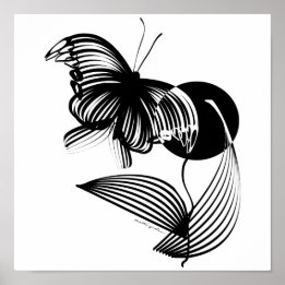 Black and White Floral with Butterfly Poster