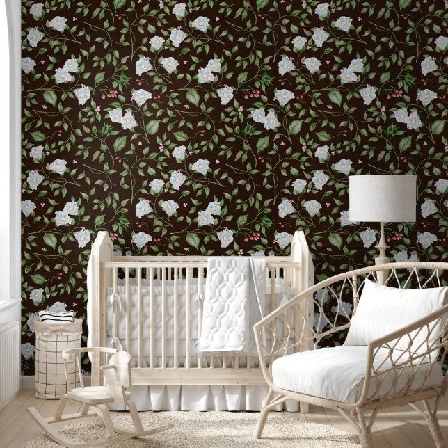 Black and White Floral with Green Leaves  Wallpaper (Kids)