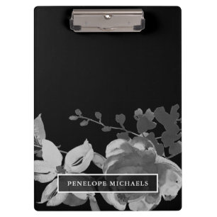 Black and White Floral with Name Clipboard