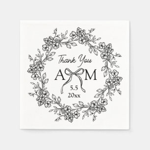 Black and White Floral Wreath Bow Monogram Wedding Napkin