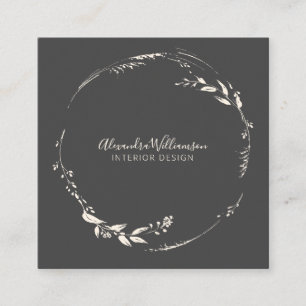 Black and White Floral Wreath Minimalist Square Business Card