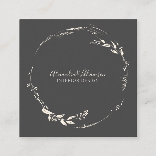 Black and White Floral Wreath Minimalist  Square Business Card (Front)