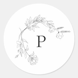 Black and White Floral Wreath Monogram Sticker