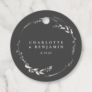 Black and White Floral Wreath Monogram Wedding Favour Tags