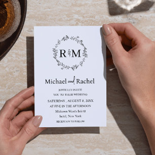 Black and White Floral Wreath Monogram Wedding Invitation