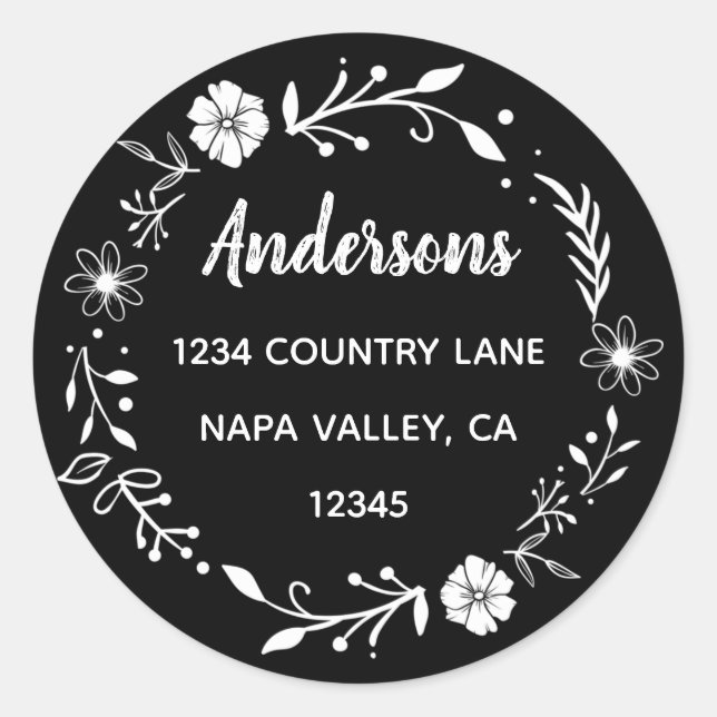  Black and White Floral Wreath Return Address Classic Round Sticker (Front)