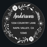 Black and White Floral Wreath Return Address Classic Round Sticker<br><div class="desc">This customisable sticker featuring simple typography,  modern calligraphy and a rustic floral wreath.</div>