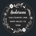 Black and White Floral Wreath Return Address Classic Round Sticker<br><div class="desc">This customisable sticker featuring simple typography,  modern calligraphy and a rustic floral wreath.</div>