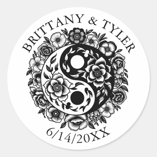 Black and White Floral Yin Yang   Classic Round Sticker (Front)