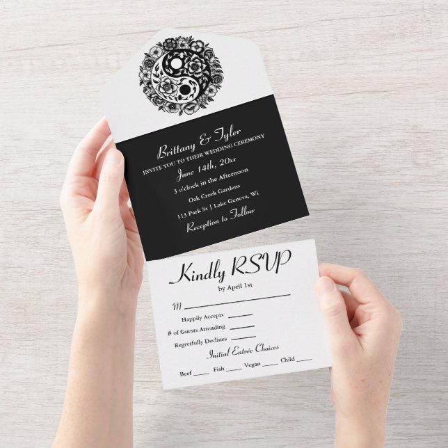 Black and White Floral Yin Yang Wedding All In One Invitation (Tearaway)