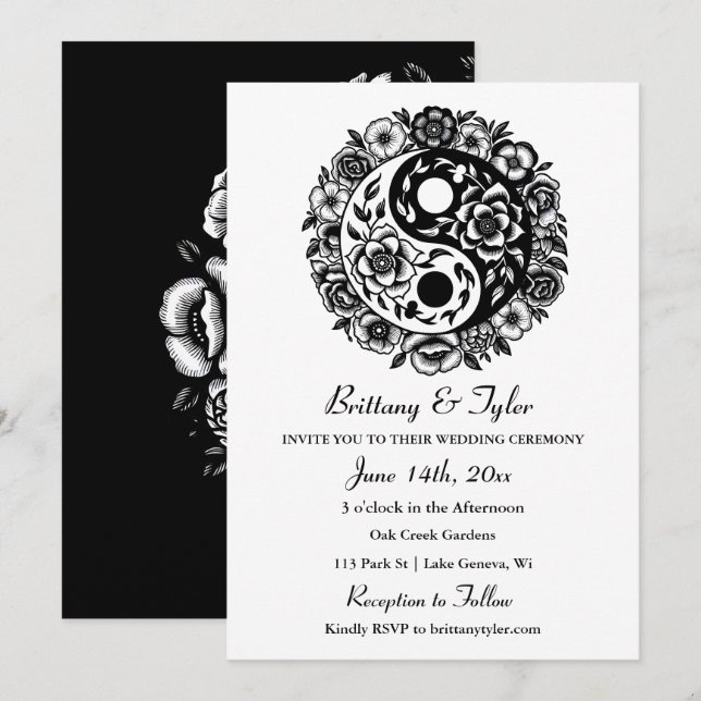 Black and White Floral Yin Yang Wedding Invitation (Front/Back)