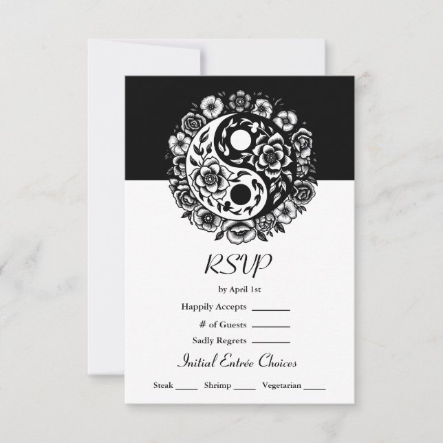 Black and White Floral Yin Yang Wedding RSVP Invitation (Front)